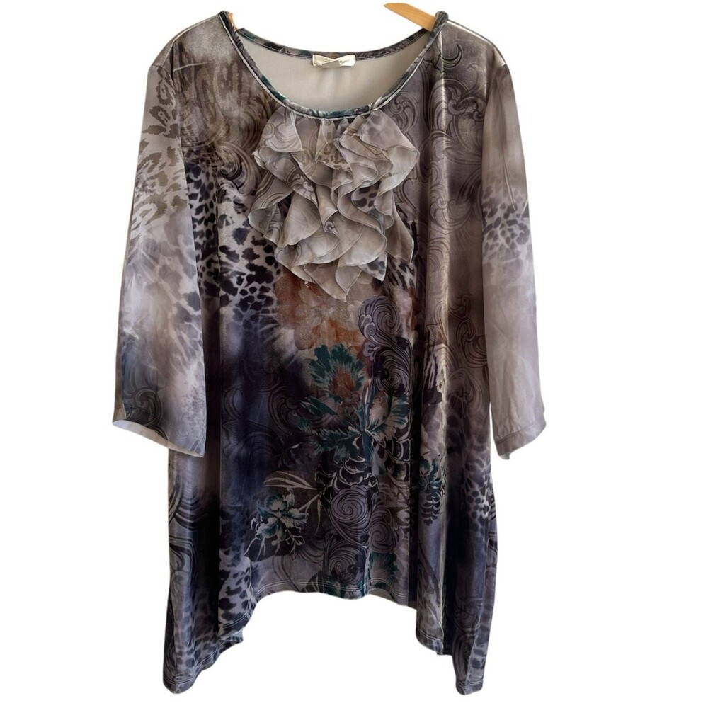CJ Banks Womens Velour Forest Fairy Top Size 3X Gray Whimsical Ethereal Artsy